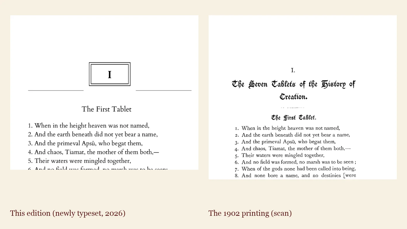 Side by side: the first lines of Tablet I as newly typeset in this edition, and the same lines in the 1902 printing.