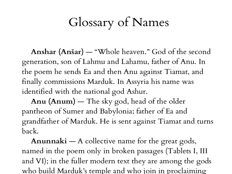 Glossary page defining Anunnaki, Anu, Ea, Marduk, Tiamat and other names from the tablets.