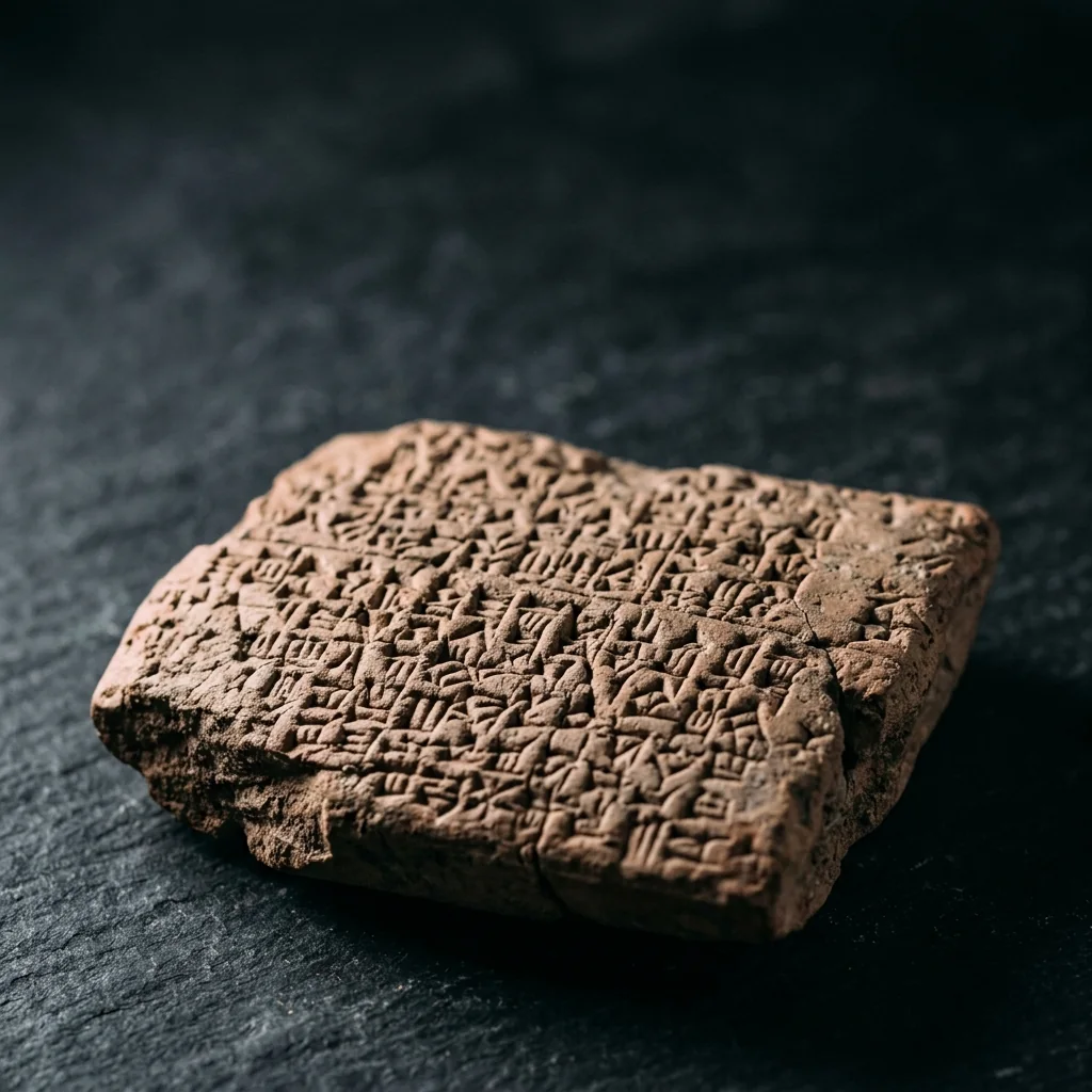 A clay tablet with cuneiform script on dark slate.